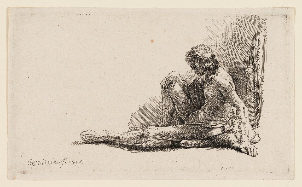Uomo nudo seduto a terra con una gamba estesa da Rembrandt van Rijn
