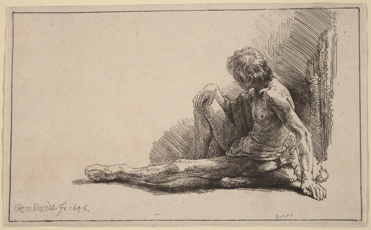 Uomo nudo seduto per terra con una gamba distesa da Rembrandt van Rijn