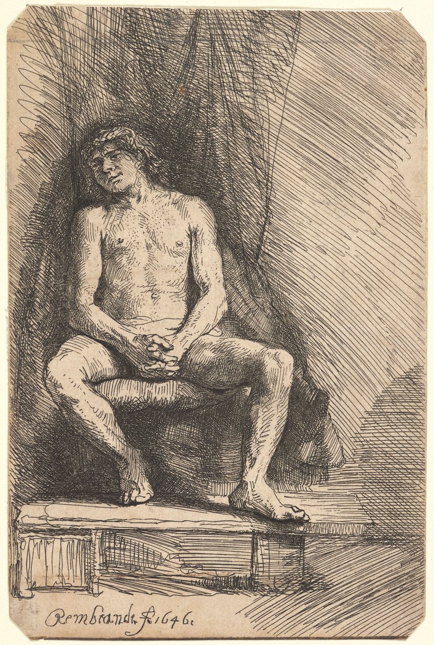 Uomo nudo seduto davanti a una tenda (BB.46-Bi) da Rembrandt van Rijn