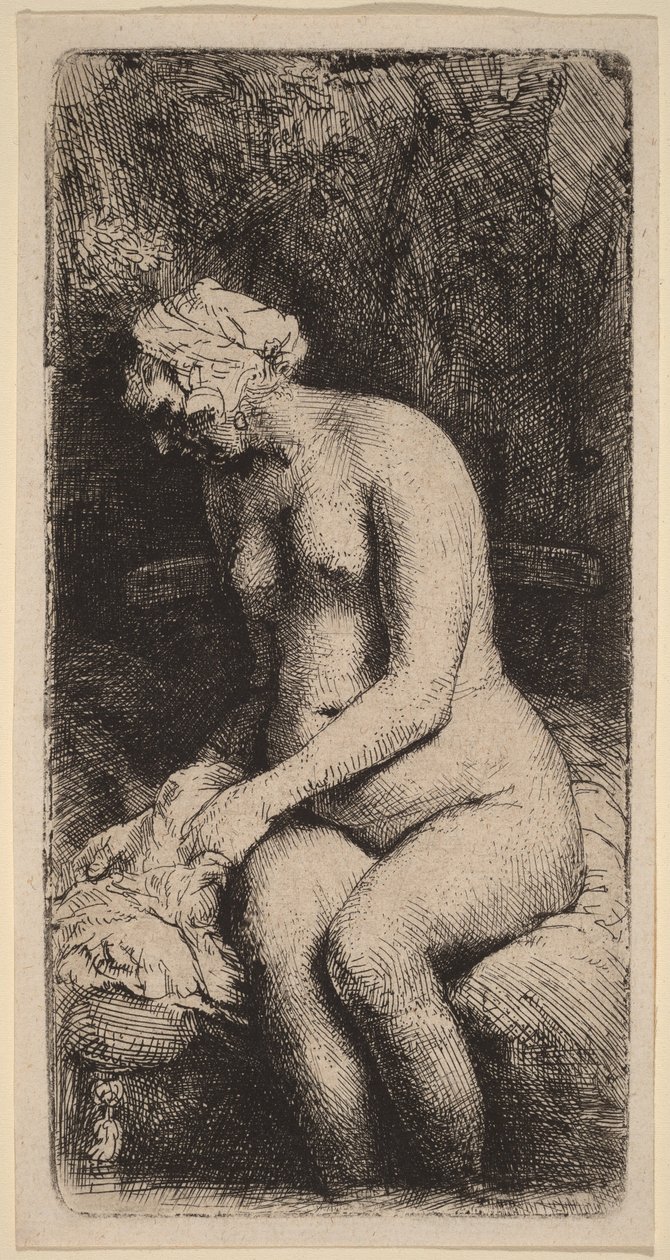 Nudo seduto su una panchina con un cuscino (Donna che si lava i piedi in un ruscello) da Rembrandt van Rijn