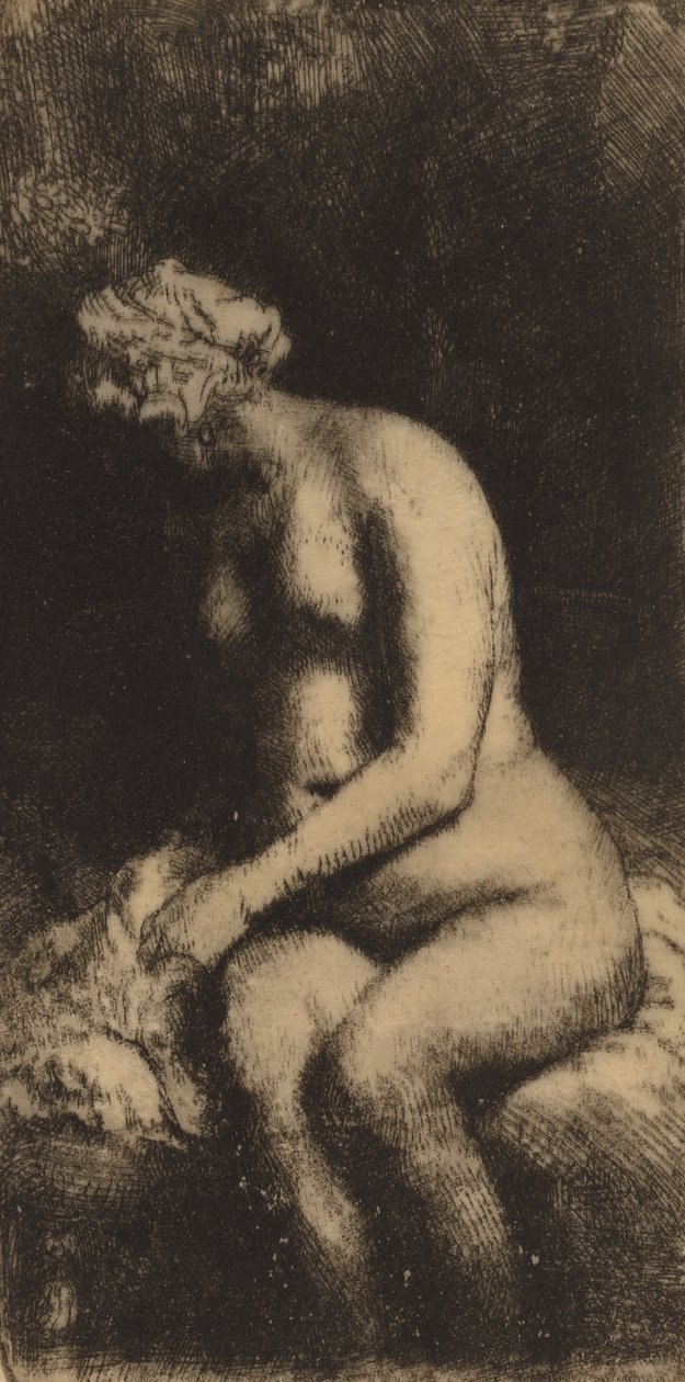 Nudo seduto su una panchina con un cuscino Donna che si lava i piedi in un ruscello, 1658 da Rembrandt van Rijn