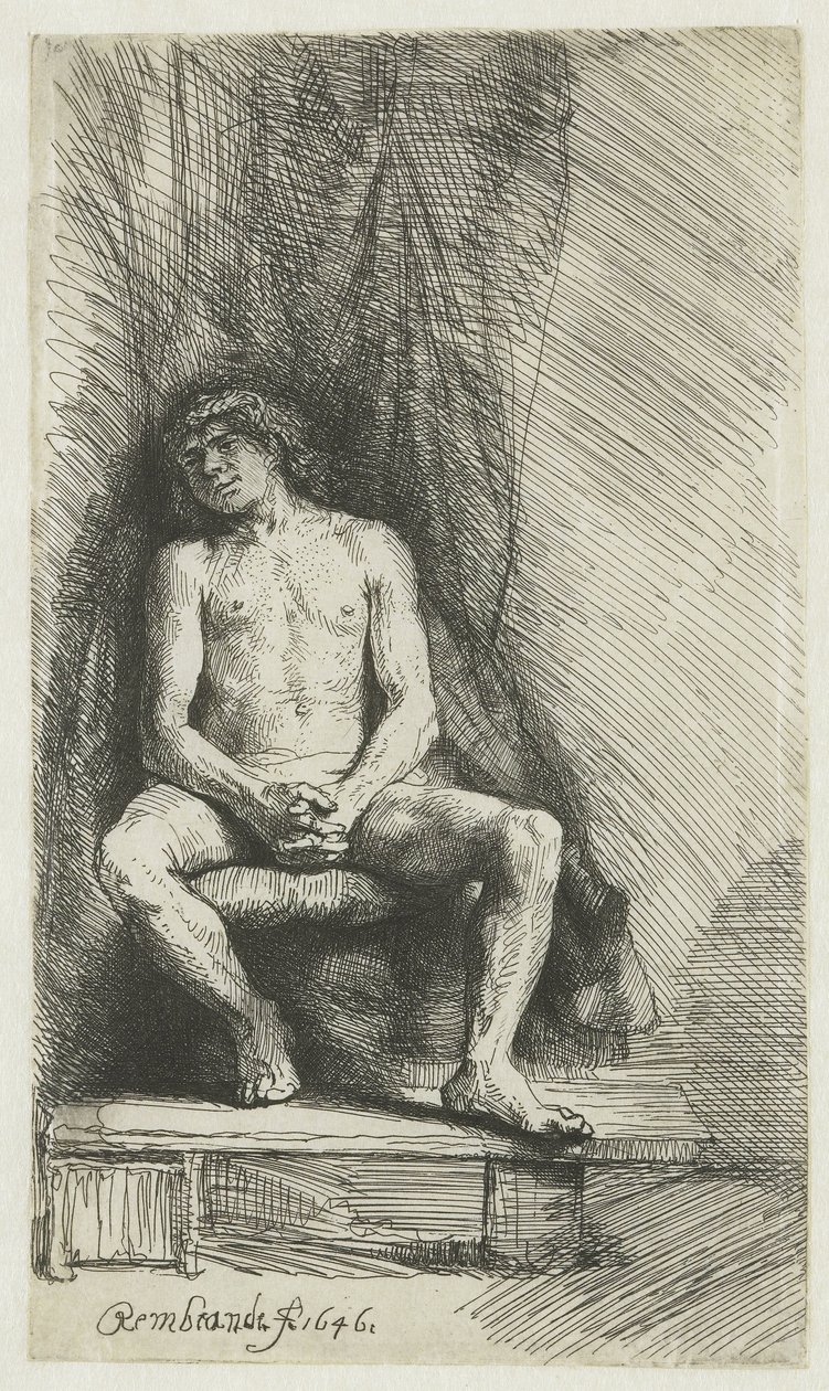Giovane uomo nudo, seduto davanti a una tenda da Rembrandt van Rijn