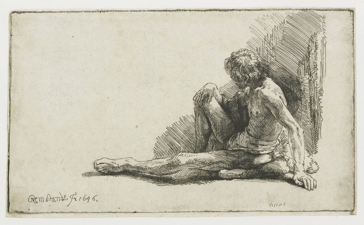 Uomo nudo seduto a terra con una gamba estesa da Rembrandt van Rijn