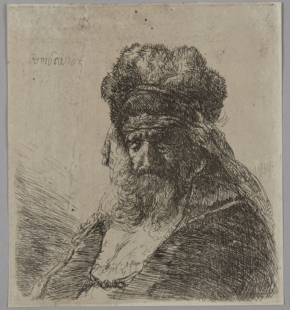 Vecchio barbuto con un berretto alto di pelliccia, con gli occhi chiusi da Rembrandt van Rijn
