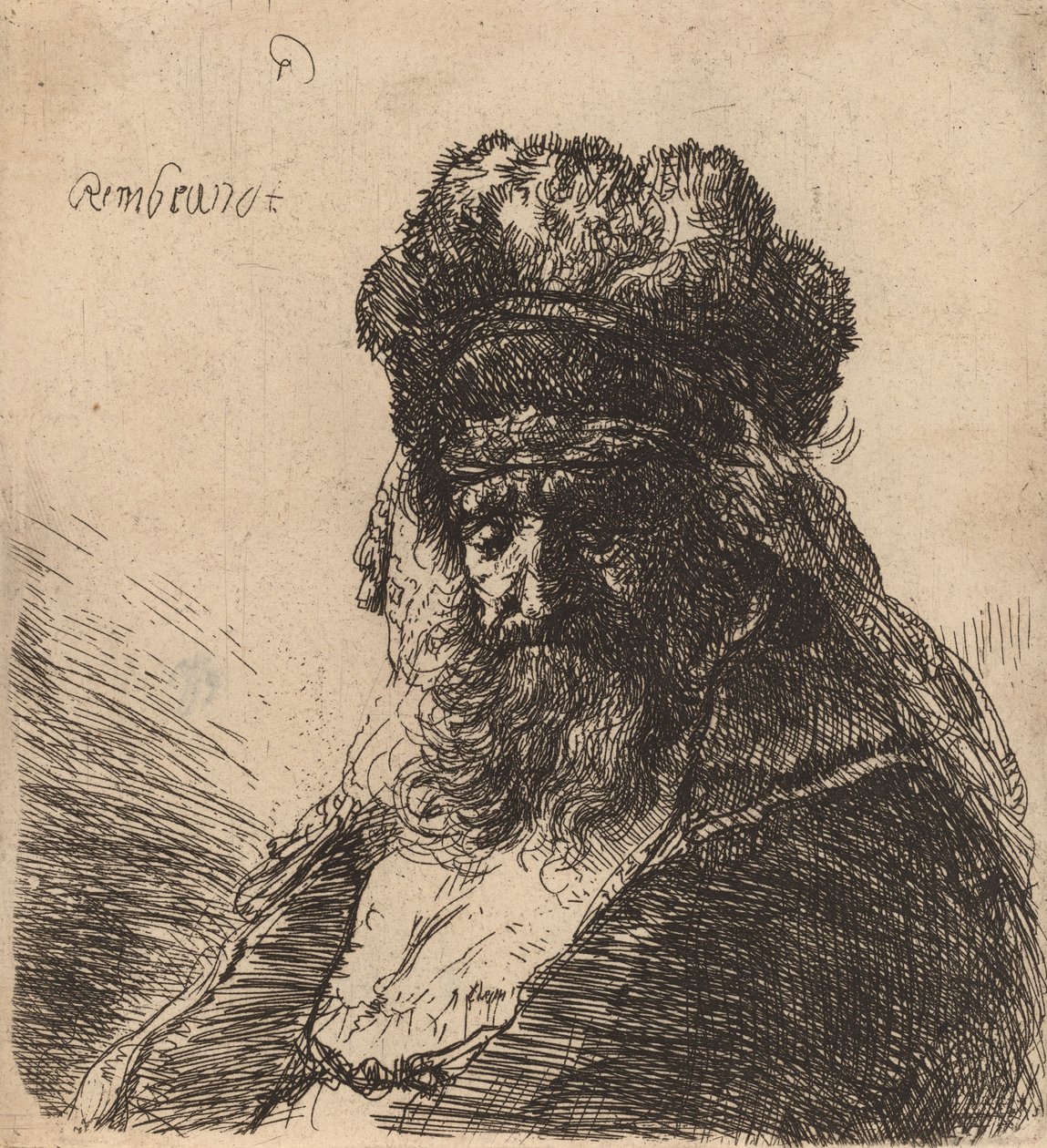 Vecchio barbuto con un alto cappello di pelliccia, con gli occhi chiusi da Rembrandt van Rijn