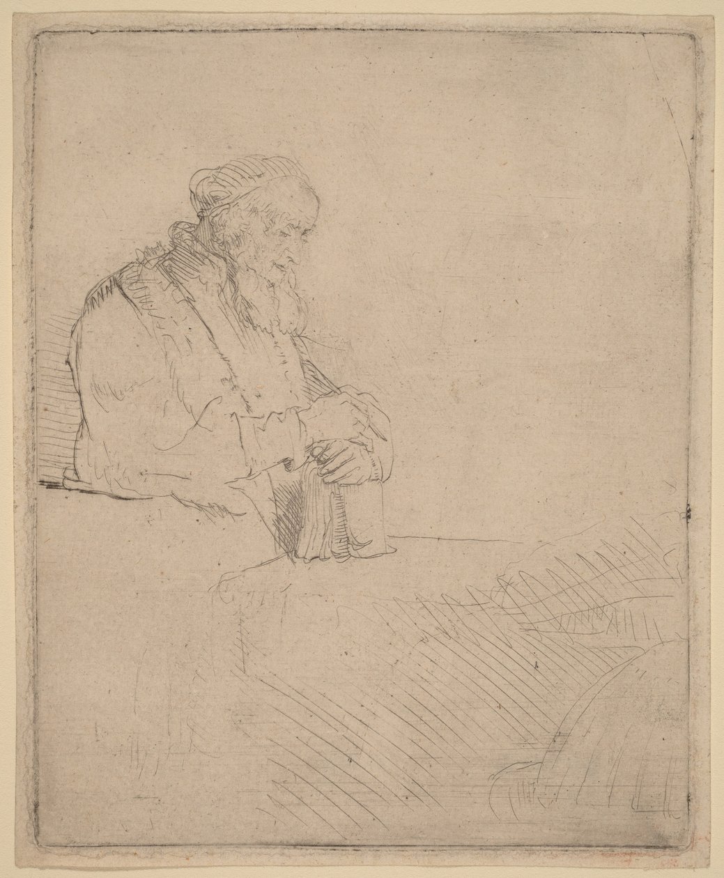 Vecchio in meditazione, appoggiato a un libro da Rembrandt van Rijn