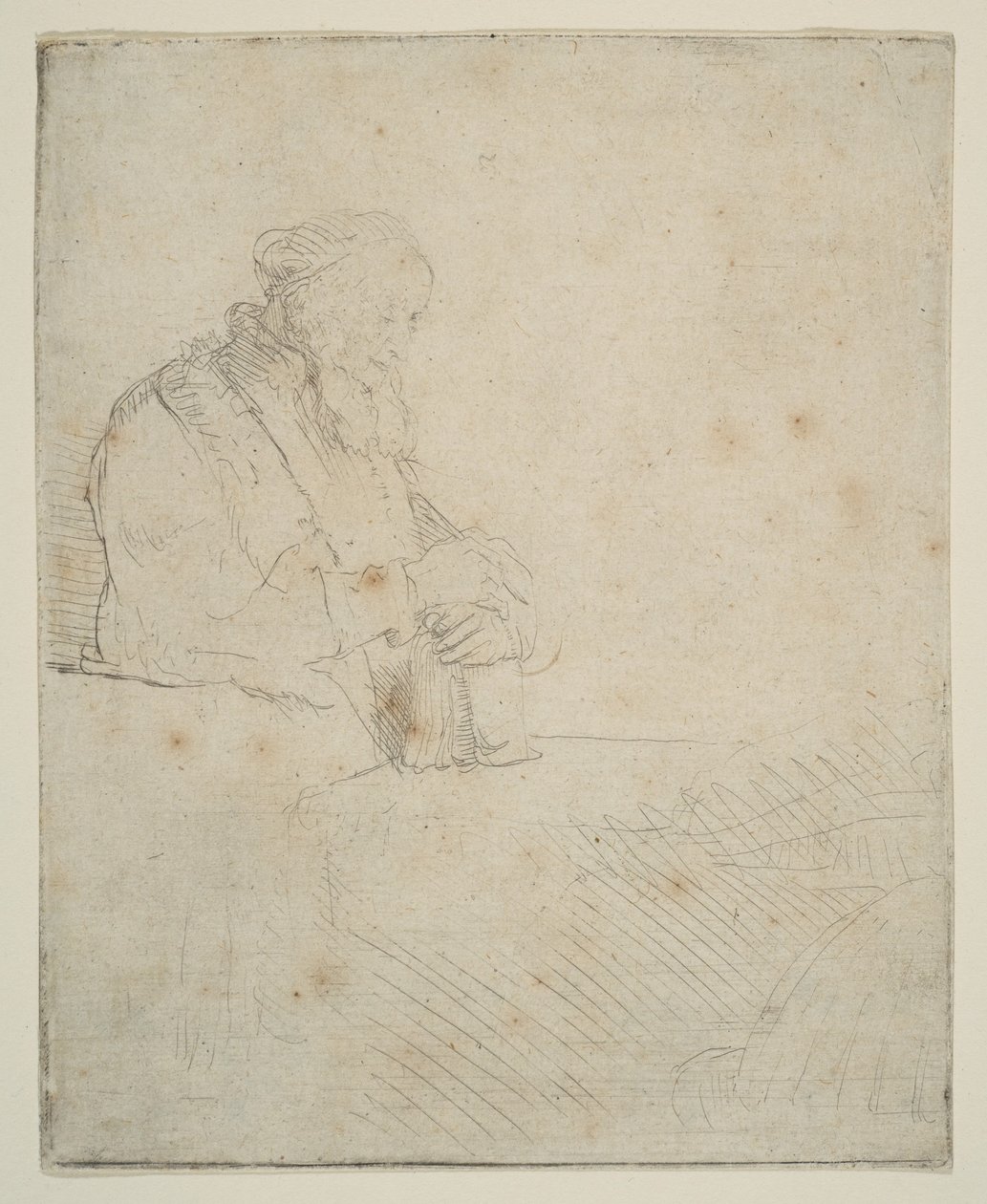 Vecchio in meditazione, appoggiato a un libro da Rembrandt van Rijn