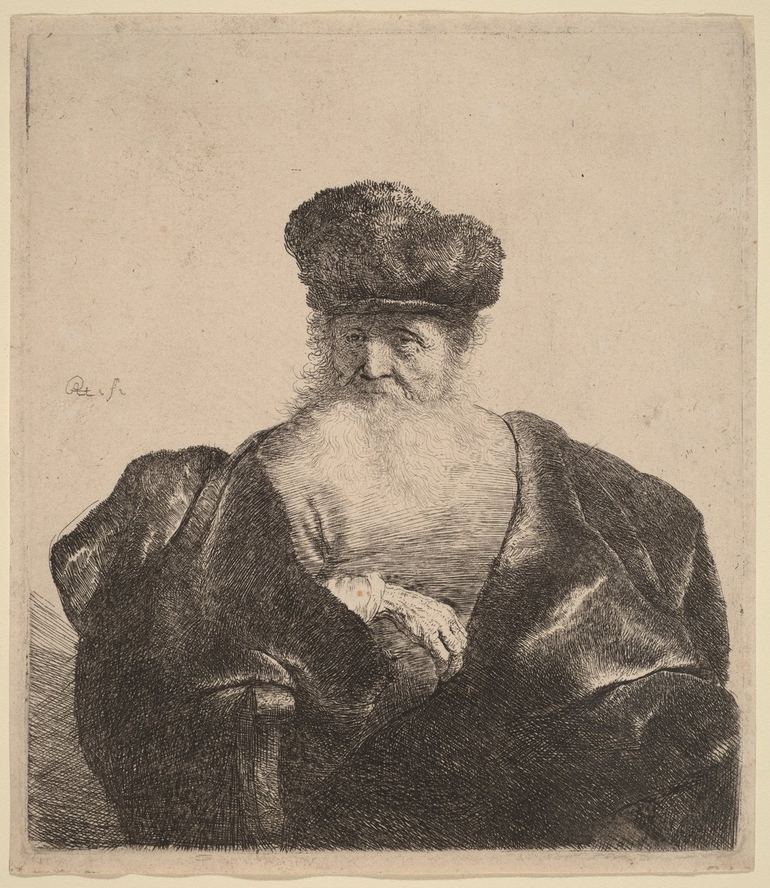 Vecchio con barba, berretto di pelliccia e mantello di velluto da Rembrandt van Rijn