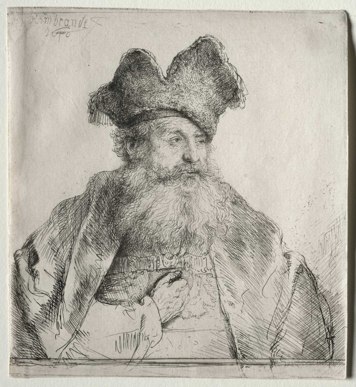 Vecchio con un cappello di pelliccia diviso da Rembrandt van Rijn