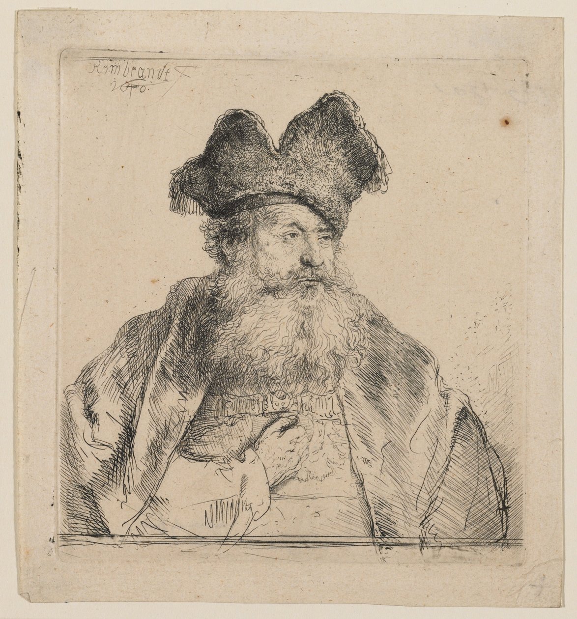 Vecchio con un berretto di pelliccia diviso in due da Rembrandt van Rijn