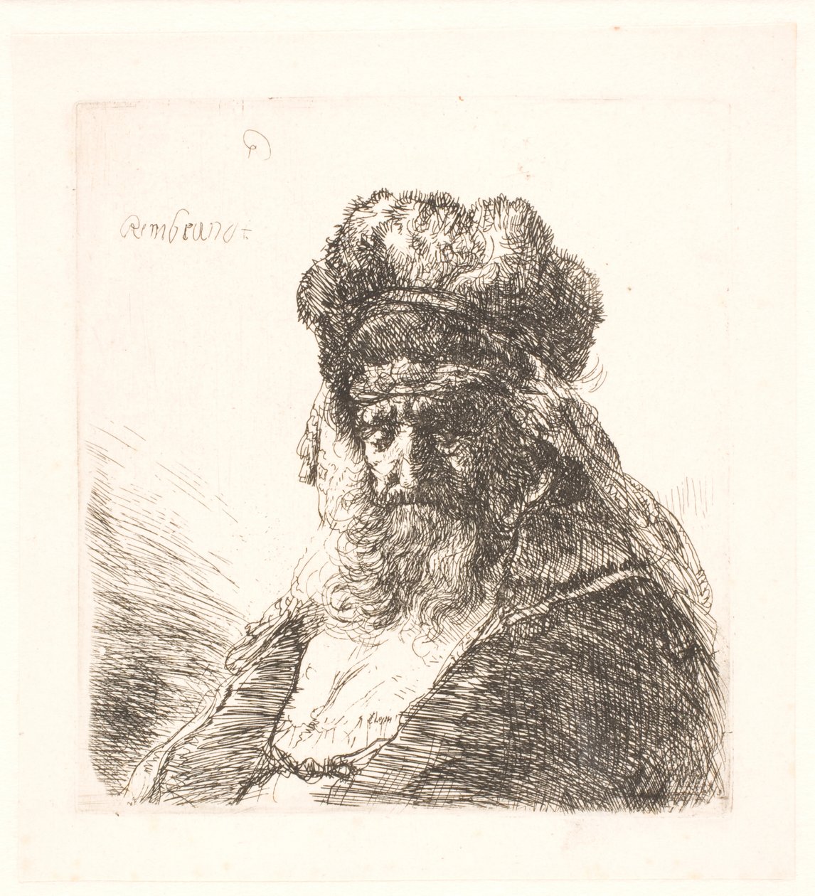 Vecchio barbuto con un alto cappello di pelliccia, con gli occhi chiusi da Rembrandt van Rijn