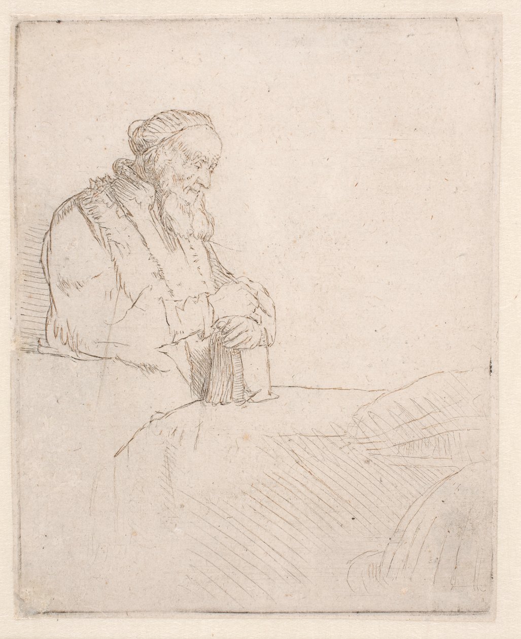 Anziano in meditazione, appoggiato a un libro da Rembrandt van Rijn