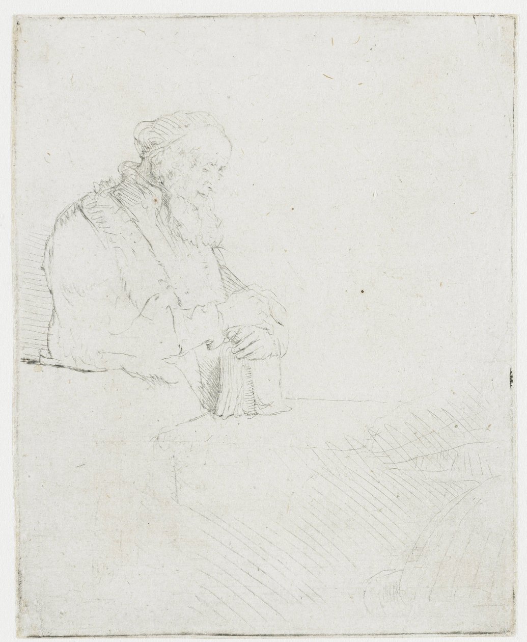 Anziano in meditazione, appoggiato a un libro da Rembrandt van Rijn
