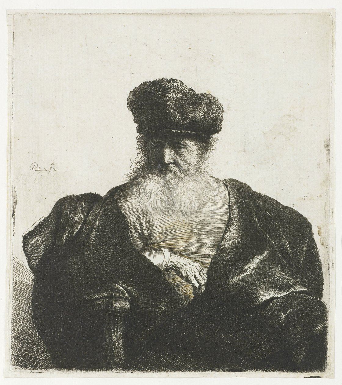 Vecchio con barba, berretto di pelliccia e mantello di velluto da Rembrandt van Rijn