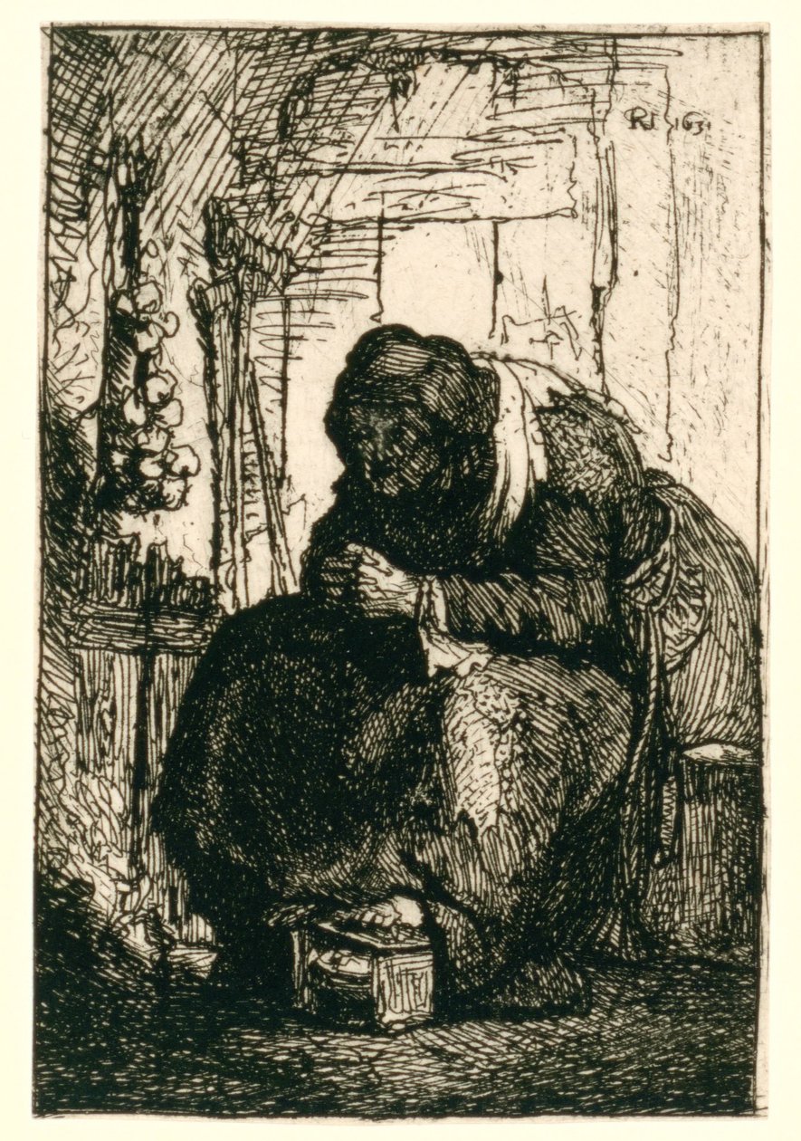 Anziana seduta in una casetta, con una fila di cipolle appesa alla parete da Rembrandt van Rijn