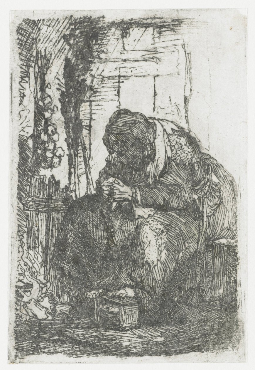 Anziana con delle cipolle, seduta in una capanna da Rembrandt van Rijn