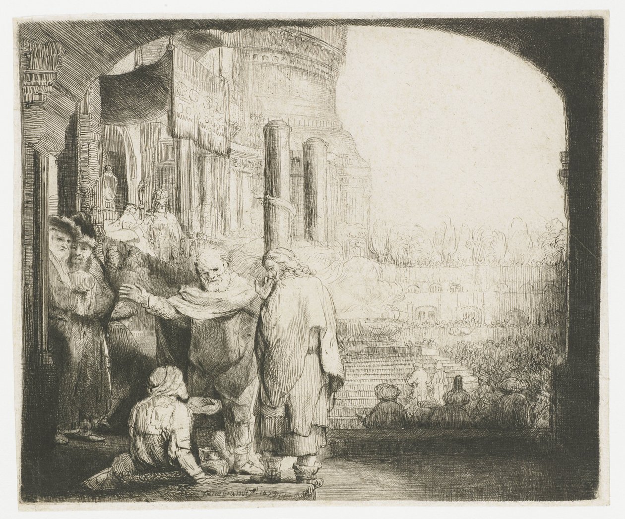 Pietro e Giovanni guariscono lo storpio alla porta del tempio da Rembrandt van Rijn