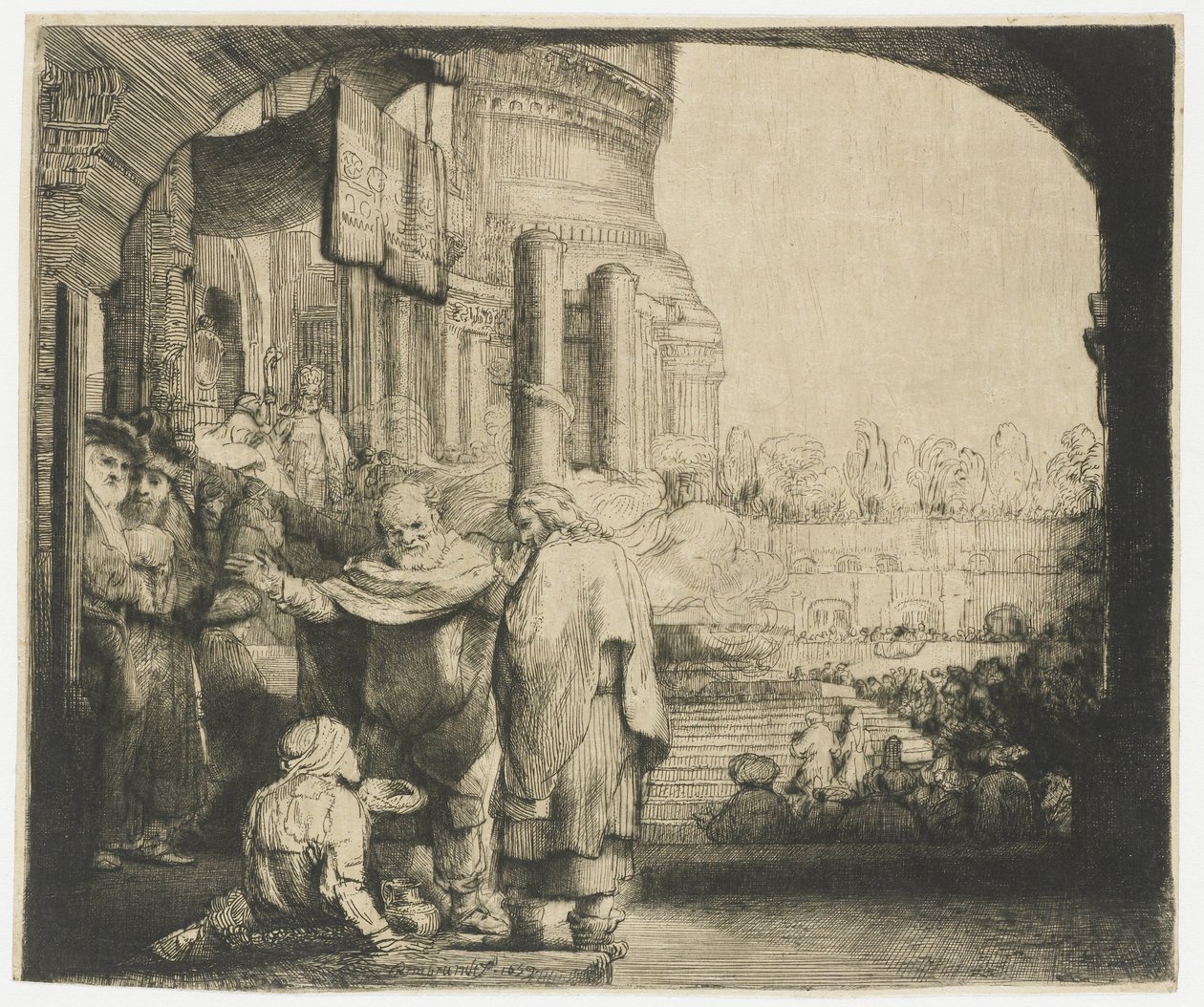 Pietro e Giovanni guariscono lo storpio alla porta del tempio da Rembrandt van Rijn