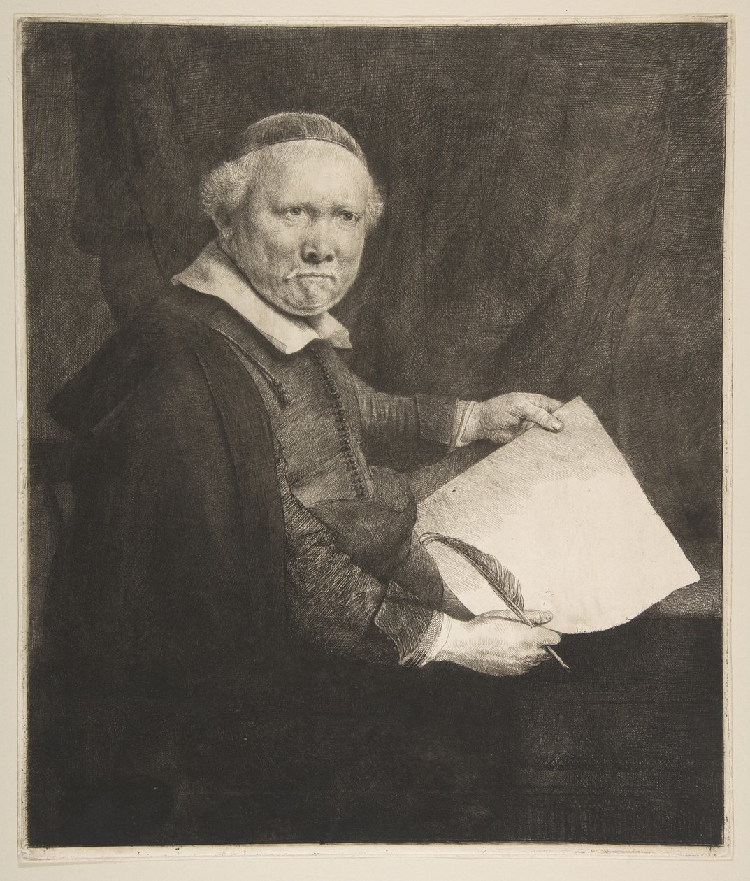 Ritratto di Lieven Willemsz van Coppenol, Maestro di Scrittura (piatto più grande) da Rembrandt van Rijn