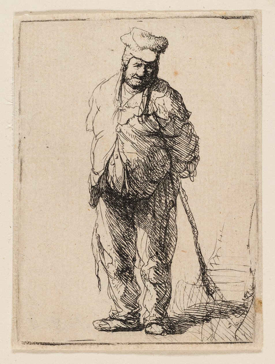 Contadino stracciato con le mani dietro la schiena, che tiene un bastone da Rembrandt van Rijn