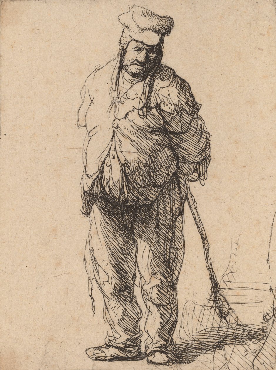 Contadino stracciato con le mani dietro la schiena, che tiene un bastone da Rembrandt van Rijn