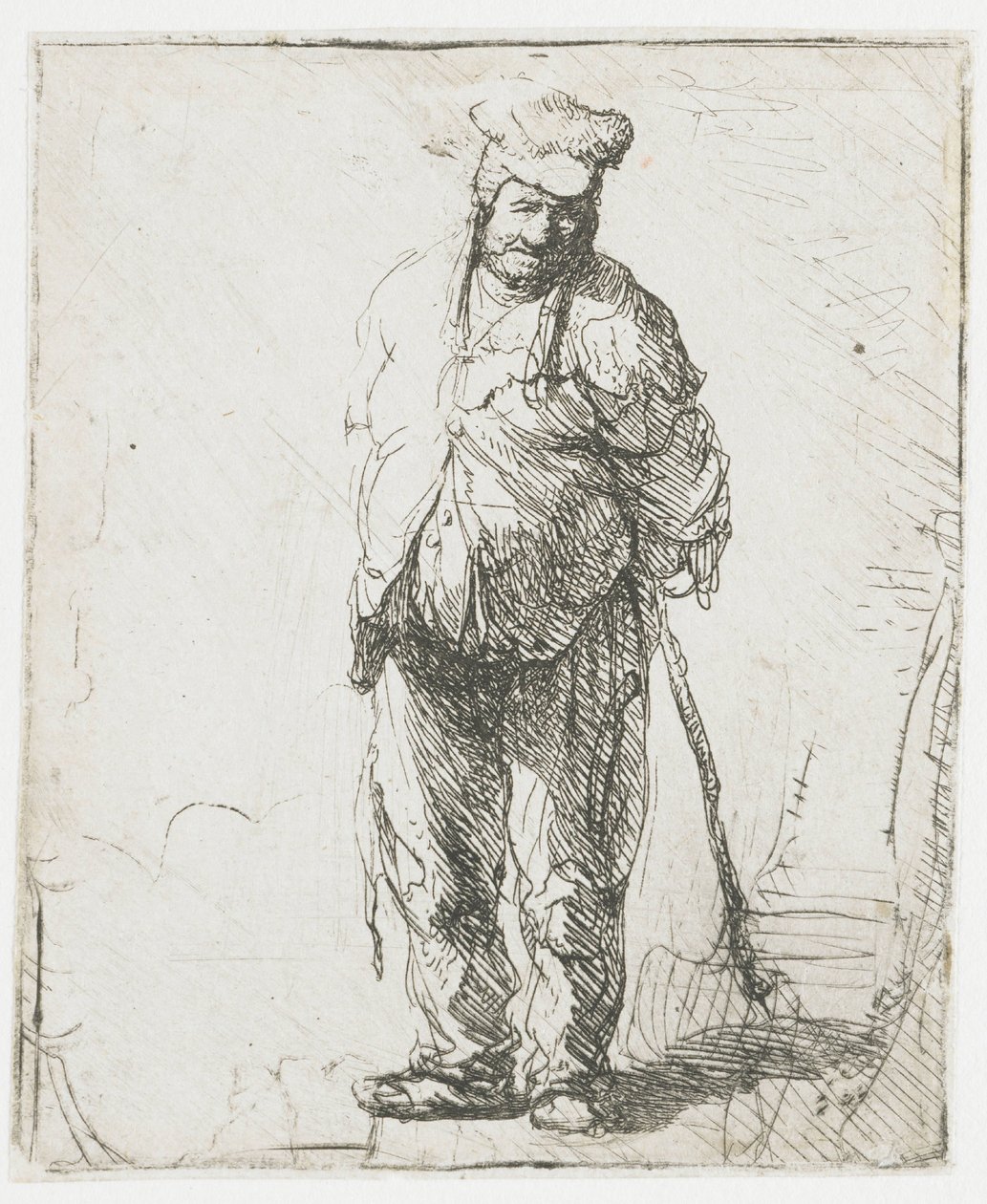 Contadino malandato con le mani dietro la schiena, che regge un bastone da Rembrandt van Rijn