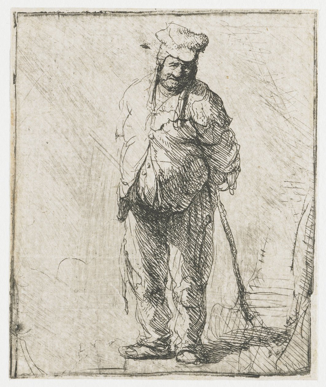Contadino malandato con le mani dietro la schiena, che regge un bastone da Rembrandt van Rijn