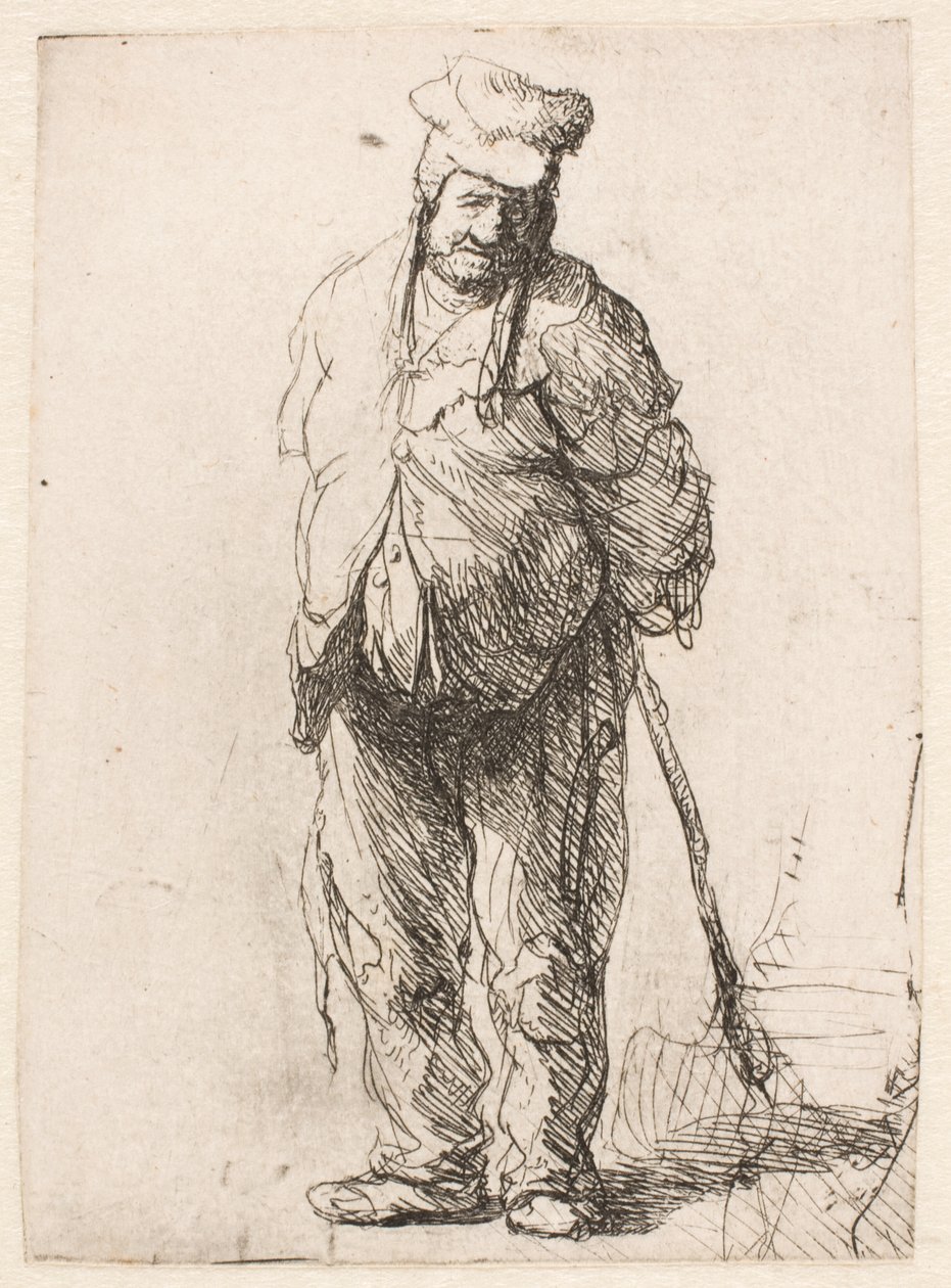 Contadino malandato con le mani dietro la schiena, che regge un bastone da Rembrandt van Rijn