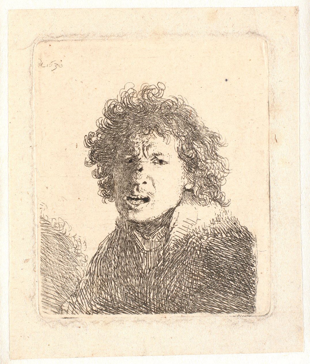 Rembrandt a capo scoperto e bocca aperta, come se stesse urlando: busto da Rembrandt van Rijn