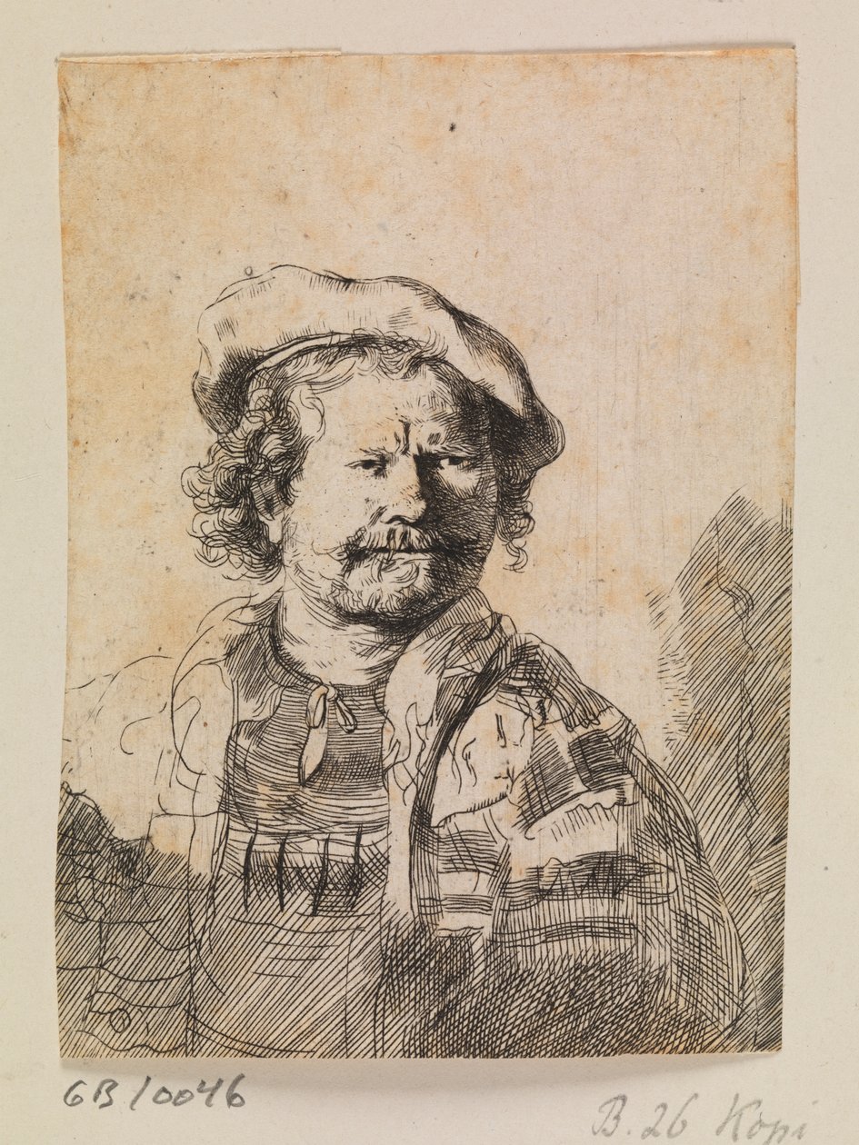 Rembrandt con un berretto piatto e un abito ricamato da Rembrandt van Rijn
