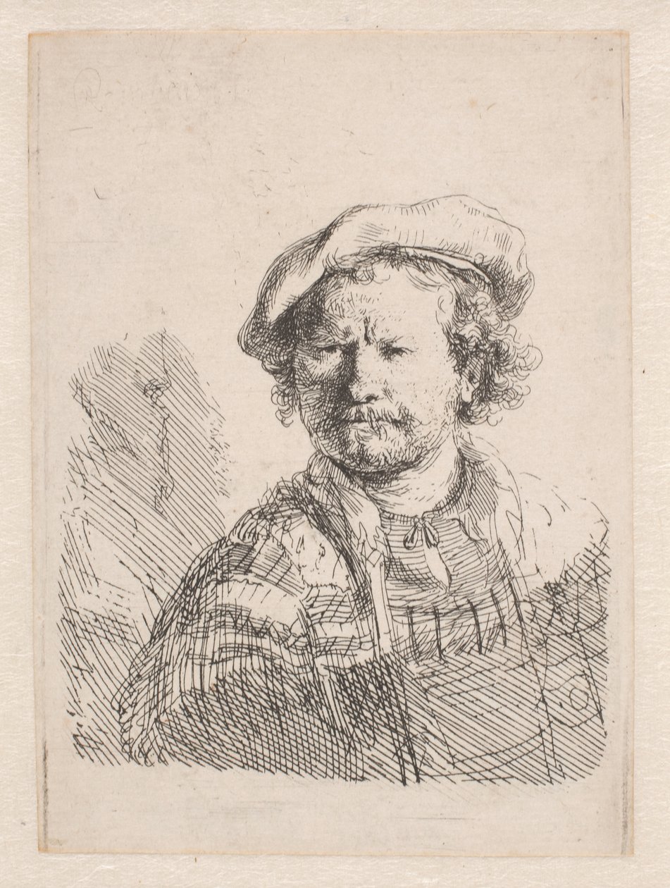 Rembrandt con un berretto piatto e uno scialle sulle spalle da Rembrandt van Rijn