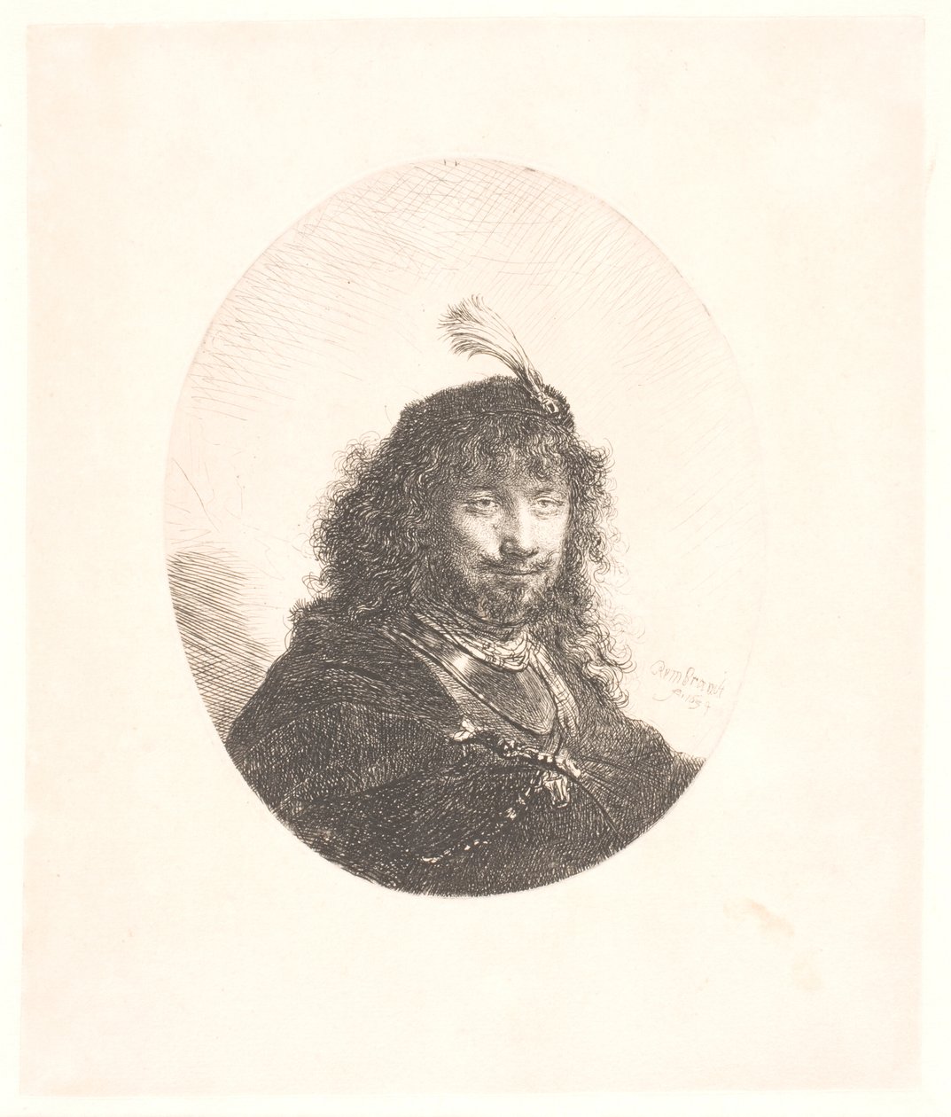 Rembrandt con berretto piumato e sciabola abbassata: figura a tre quarti; in seguito, busto in ovale da Rembrandt van Rijn