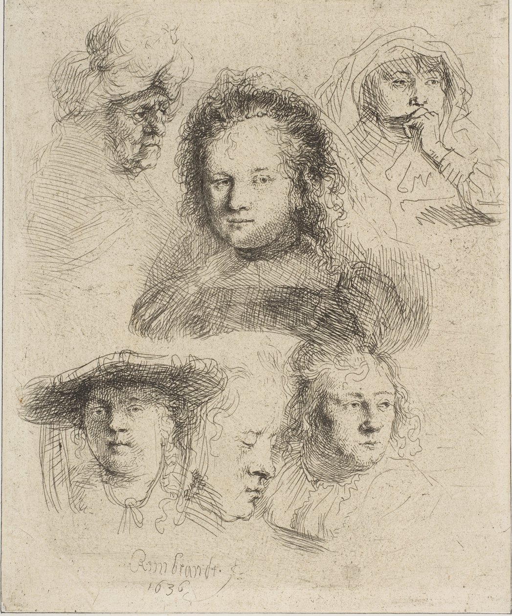 Moglie di Rembrandt e altre cinque teste, 1636 da Rembrandt van Rijn
