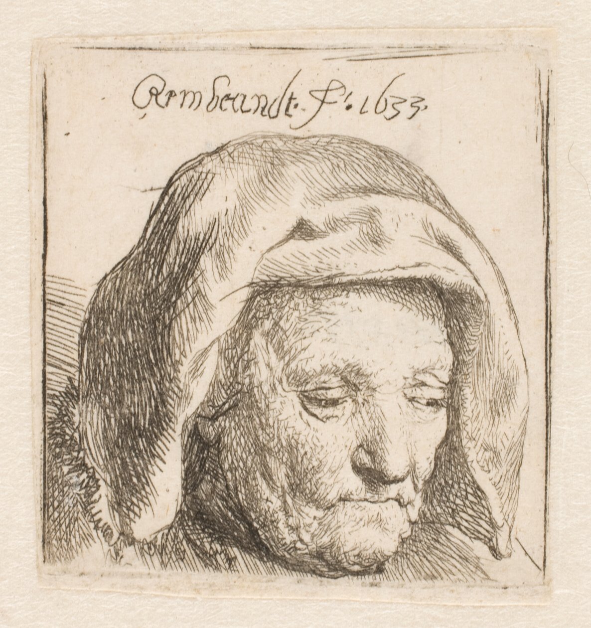 La madre di Rembrandt con un copricapo di stoffa, lo sguardo rivolto verso il basso: solo la testa da Rembrandt van Rijn