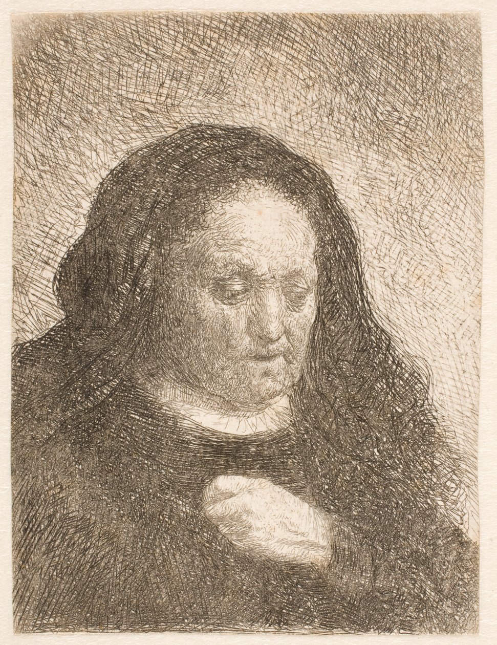 La madre di Rembrandt con la mano sul petto: piccolo busto da Rembrandt van Rijn