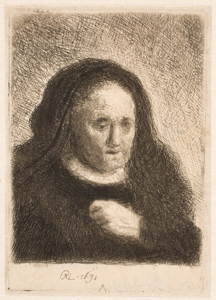 La madre di Rembrandt con la mano sul petto: piccolo busto da Rembrandt van Rijn