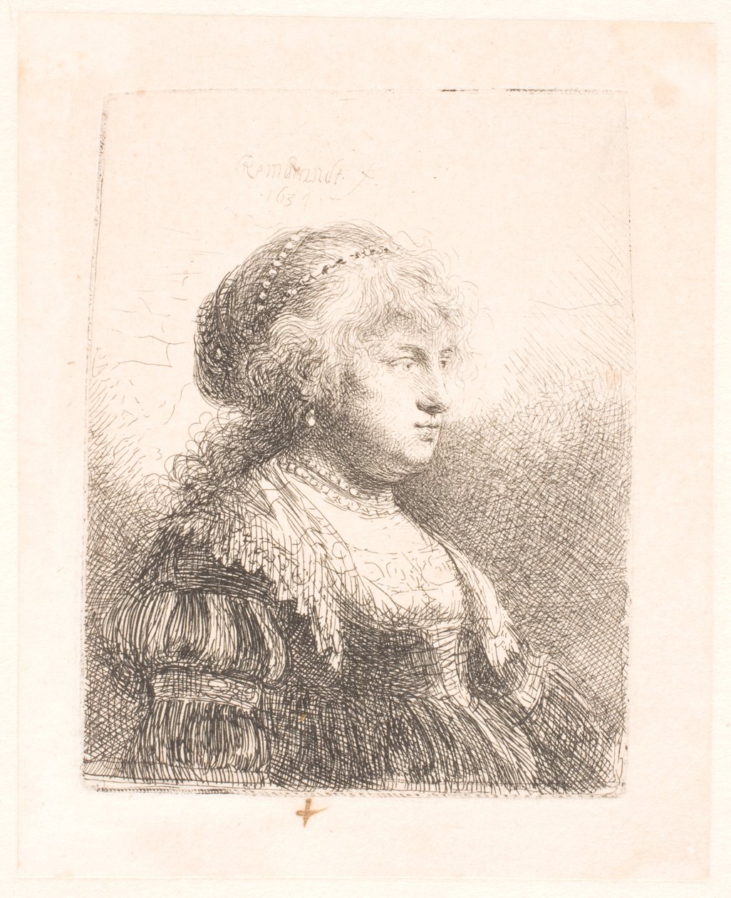 Saskia, moglie di Rembrandt, con perle tra i capelli, busto da Rembrandt van Rijn