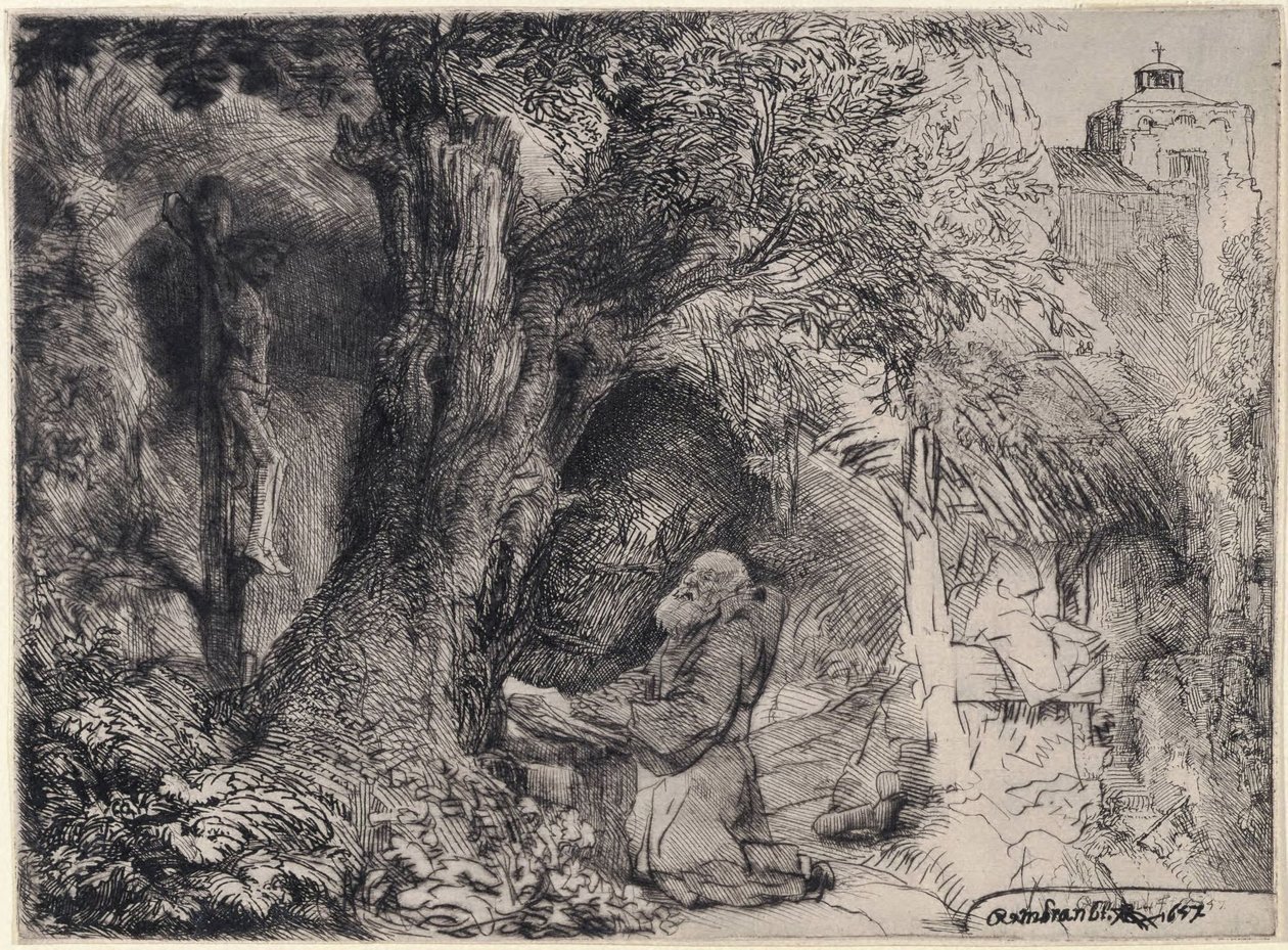 San Francesco in preghiera sotto un albero da Rembrandt van Rijn
