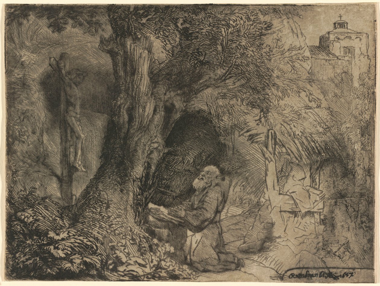 San Francesco in preghiera sotto un albero da Rembrandt van Rijn