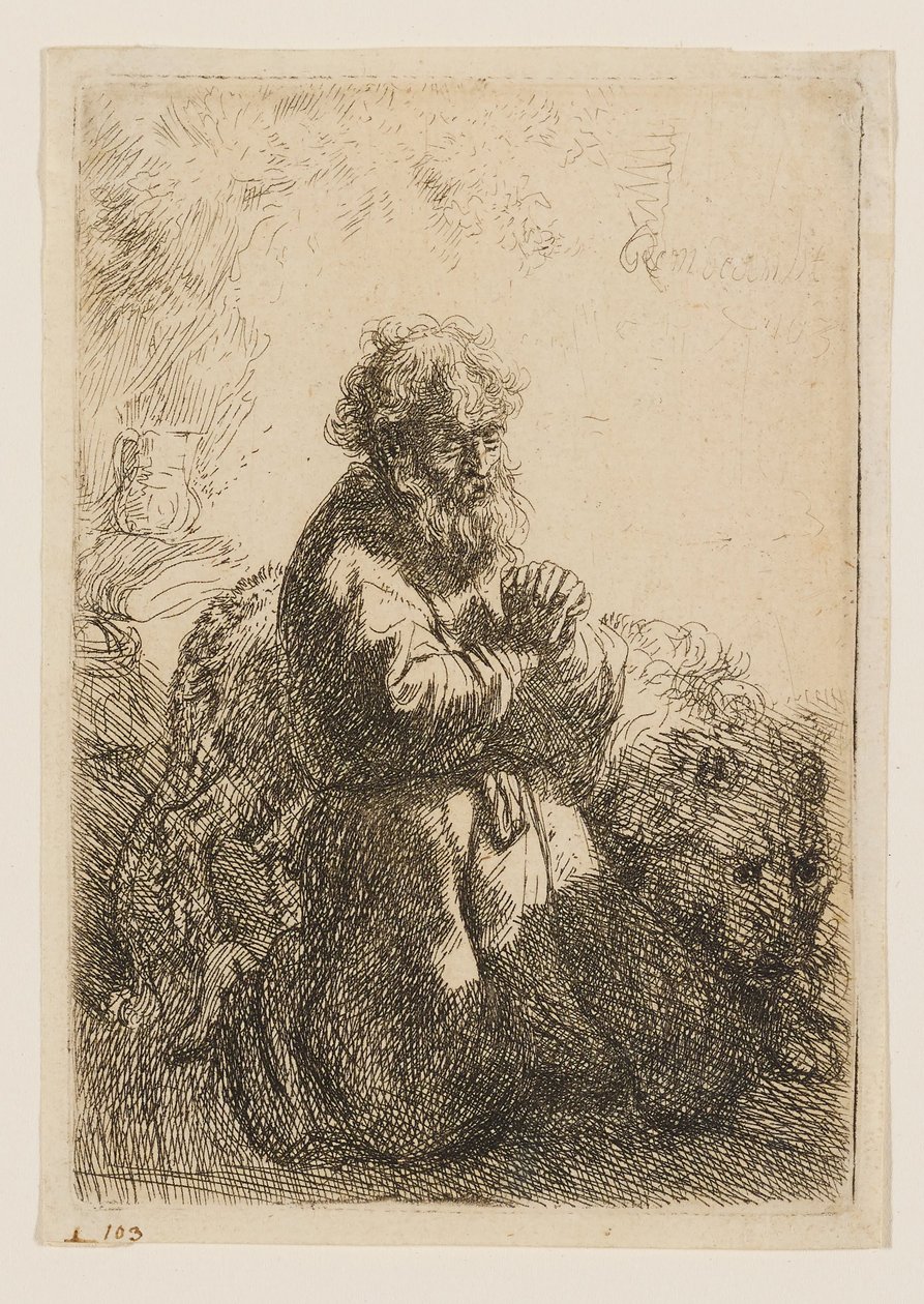 San Girolamo inginocchiato in preghiera, con lo sguardo rivolto verso il basso da Rembrandt van Rijn