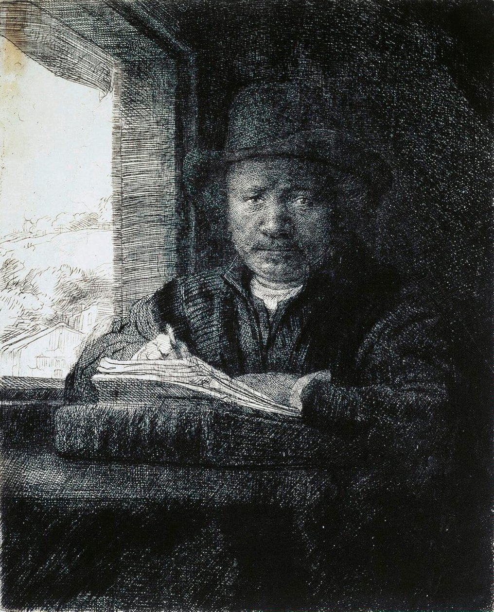 Autoritratto disegnando vicino a una finestra, 1648 da Rembrandt van Rijn