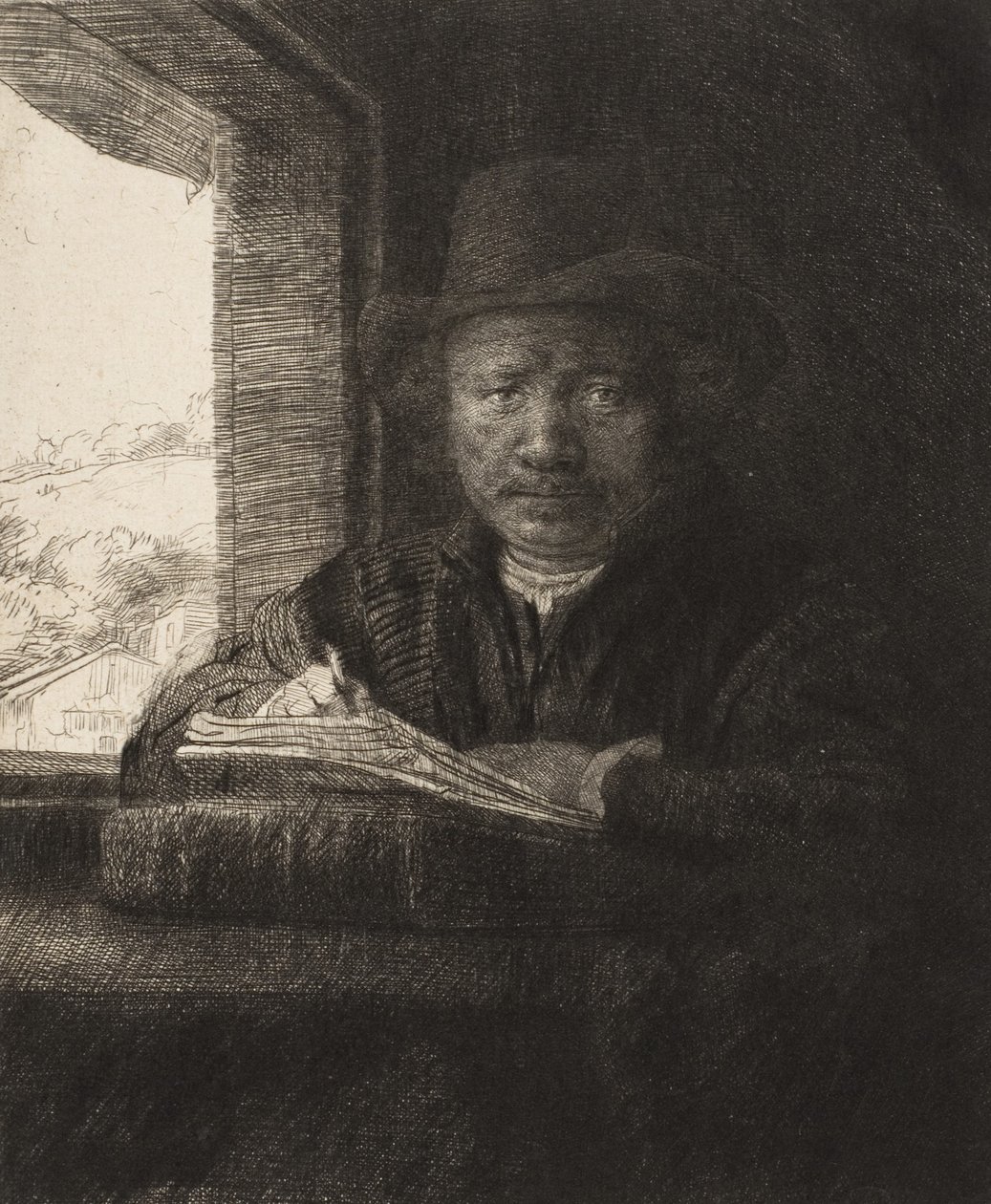 Autoritratto incisione alla finestra da Rembrandt van Rijn
