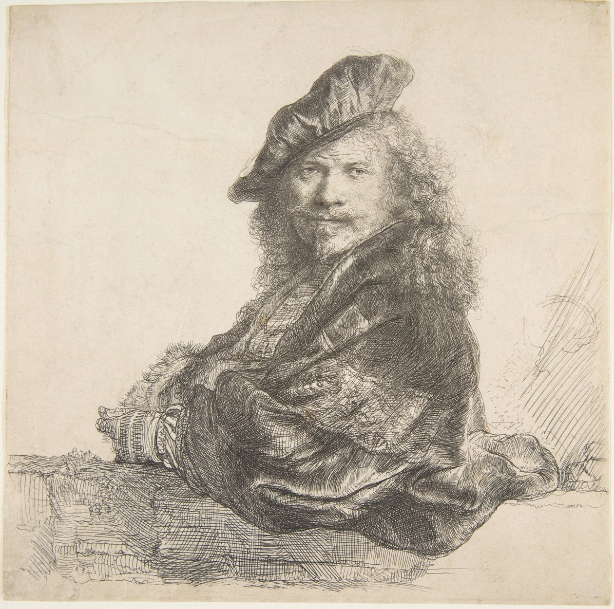 Autoritratto, appoggiato a un muro di pietra da Rembrandt van Rijn