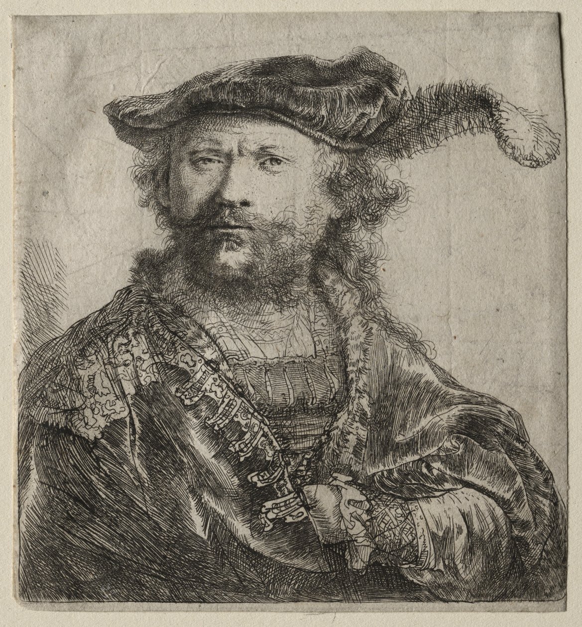 Autoritratto con berretto di velluto e piuma da Rembrandt van Rijn