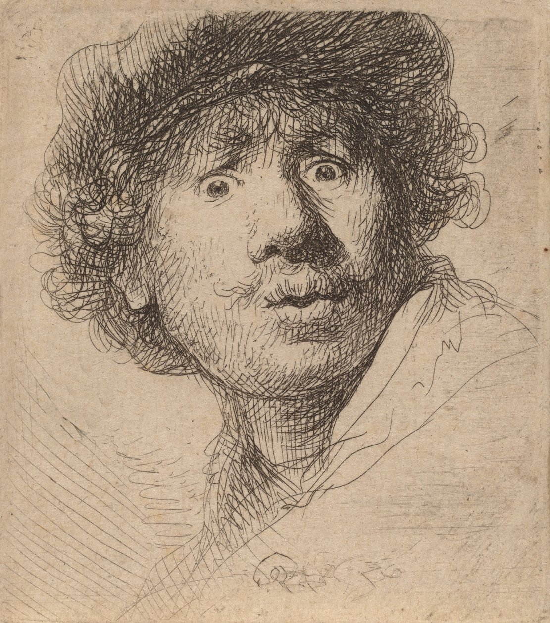 Autoritratto con cappello, bocca aperta da Rembrandt van Rijn