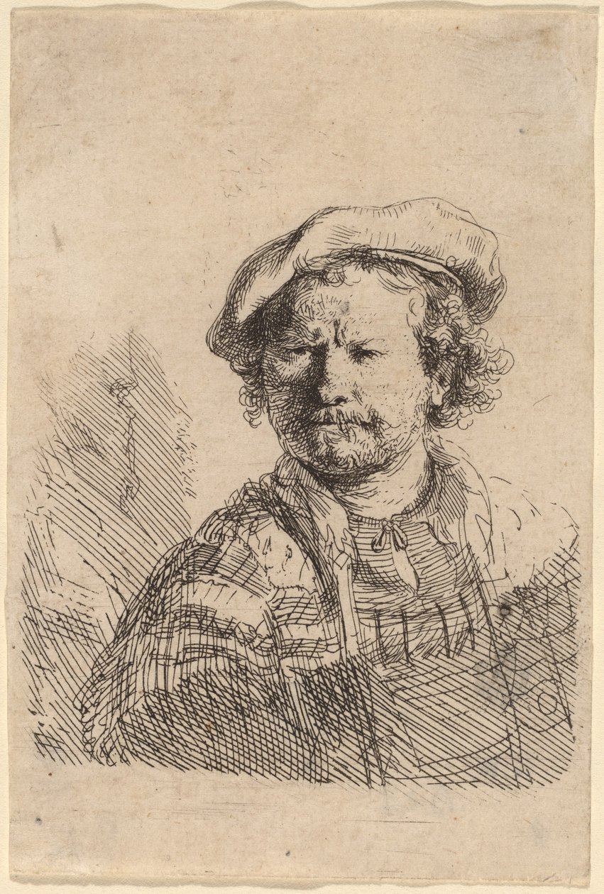 Autoritratto con berretto piatto e abito ricamato da Rembrandt van Rijn