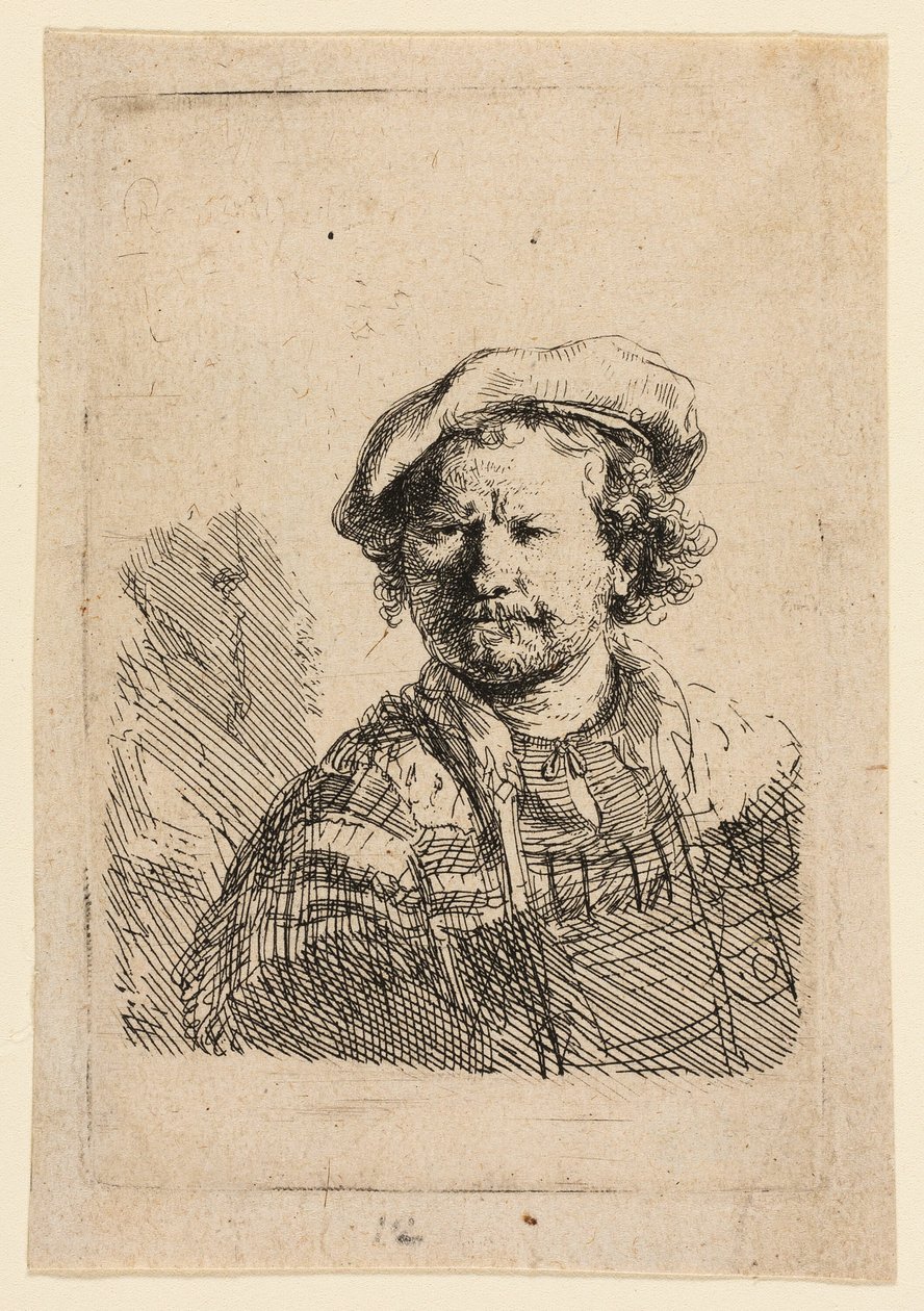 Autoritratto con berretto piatto e abito ricamato da Rembrandt van Rijn
