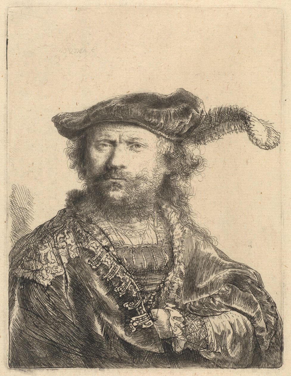 Autoritratto con berretto di velluto e piuma da Rembrandt van Rijn