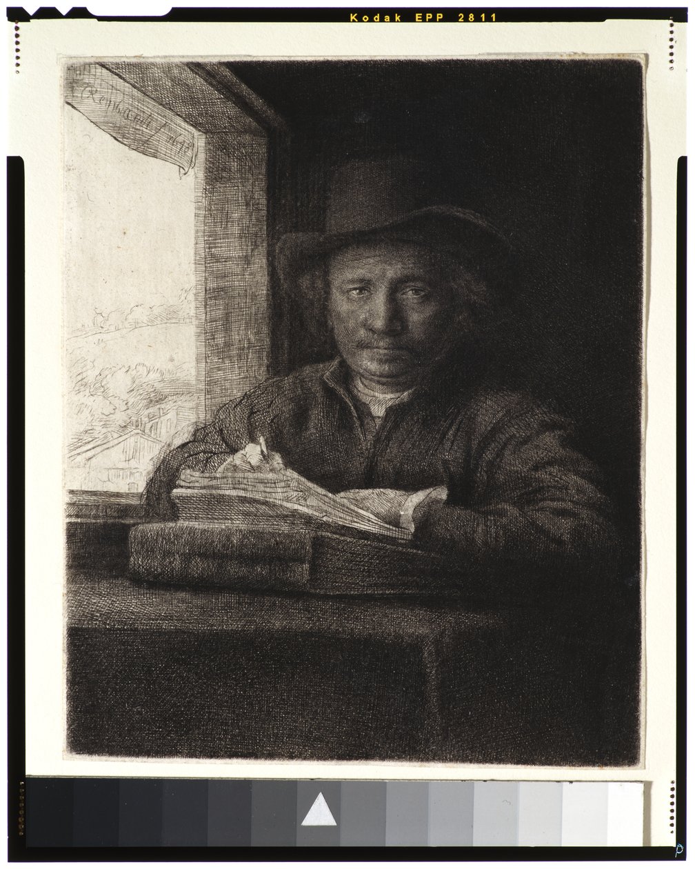 Autoritratto, incisione alla finestra, 1648 da Rembrandt van Rijn
