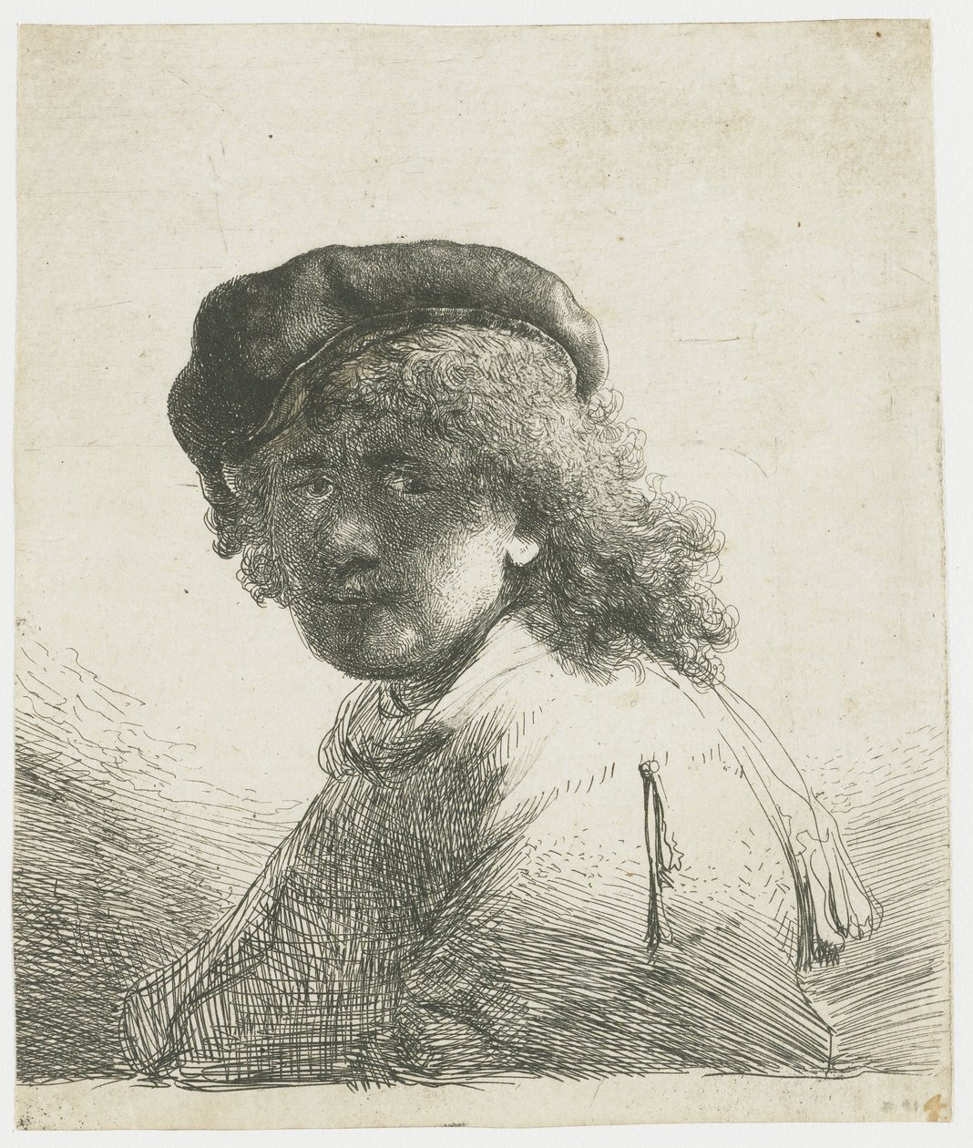 Autoritratto con berretto e sciarpa con il viso scuro: busto da Rembrandt van Rijn